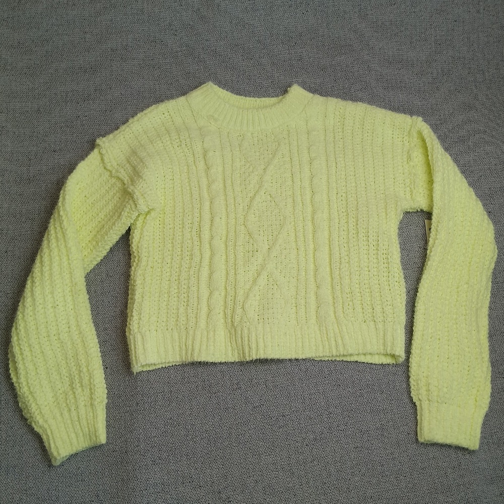 No Boundaries Cable Knit Sweater Womens S Neon Yellow New Cropped Chenille